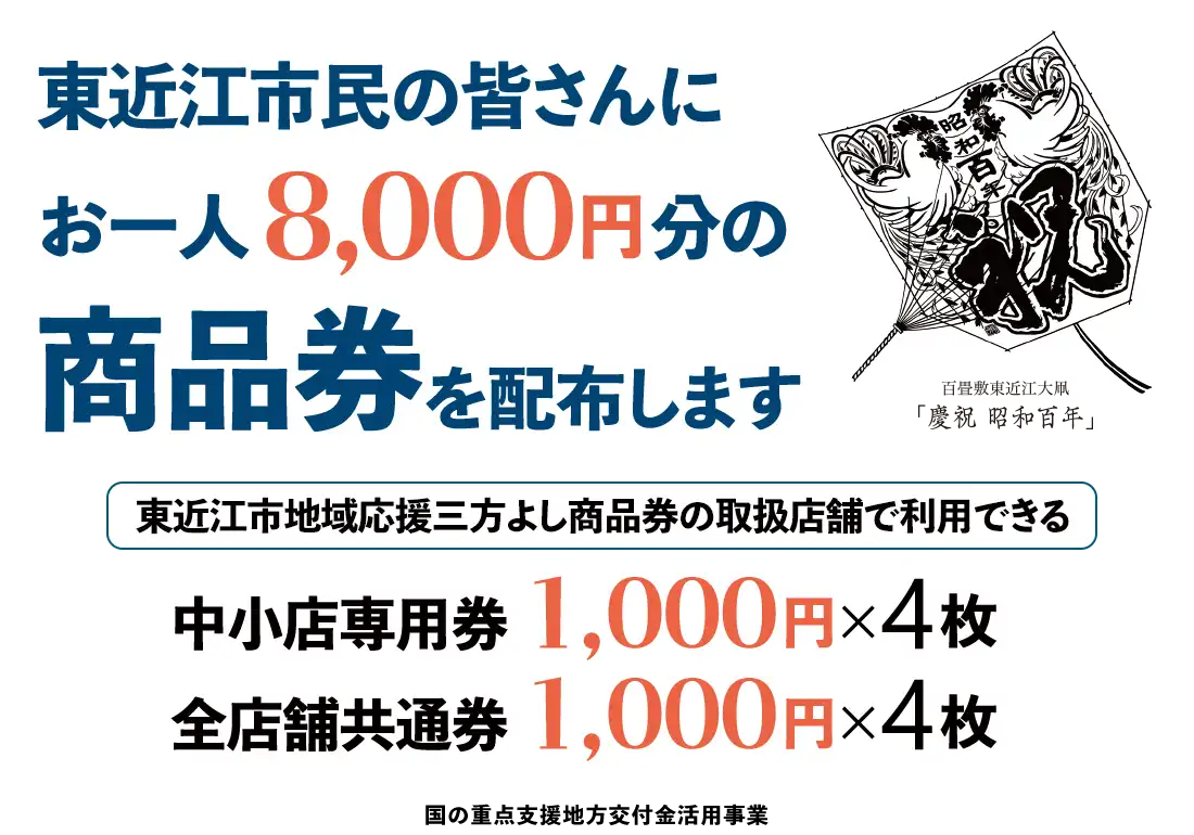 東近江市民の皆さんにお一人8,000円分の商品券を配布します。